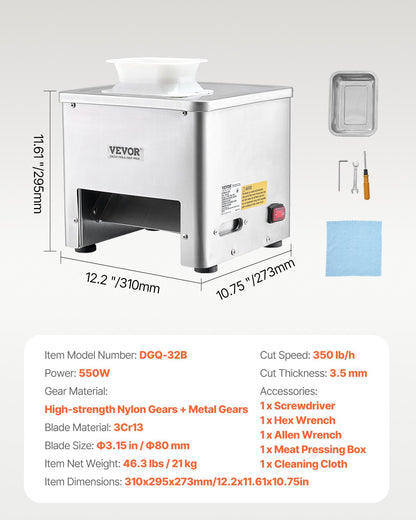 Köttskärmaskin, 550W köttskärare, 350 lb/h kommersiell köttskärmaskin, rostfritt stål, 3,5 mm tjocklek, elektrisk matskärare för hemmakök, restaurang, stormarknad