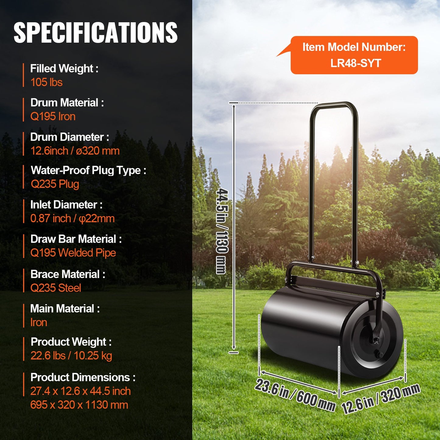 Lawn Roller, 13 Gallon Sand/Water Filled Yard Roller, Steel Sod Roller with Easy-turn Plug and U-Shaped Ergonomic Handle for Convenient Push and Pull, for Lawn, Garden, Farm, Park, Black