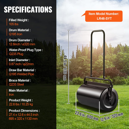 Lawn Roller, 13 Gallon Sand/Water Filled Yard Roller, Steel Sod Roller with Easy-turn Plug and U-Shaped Ergonomic Handle for Convenient Push and Pull, for Lawn, Garden, Farm, Park, Black