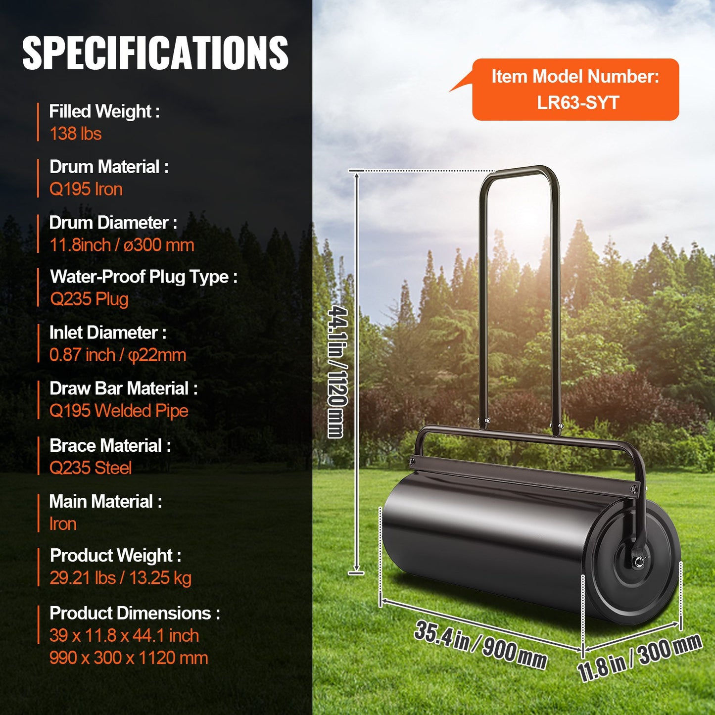 Lawn Roller, 17 Gallon Sand/Water Filled Yard Roller, Steel Sod Roller with Easy-turn Plug and U-Shaped Ergonomic Handle for Convenient Push and Pull, for Lawn, Garden, Farm, Park, Black