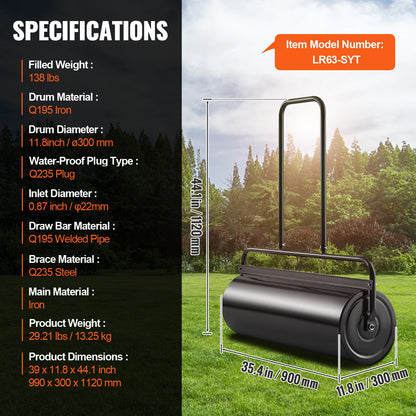 Lawn Roller, 17 Gallon Sand/Water Filled Yard Roller, Steel Sod Roller with Easy-turn Plug and U-Shaped Ergonomic Handle for Convenient Push and Pull, for Lawn, Garden, Farm, Park, Black