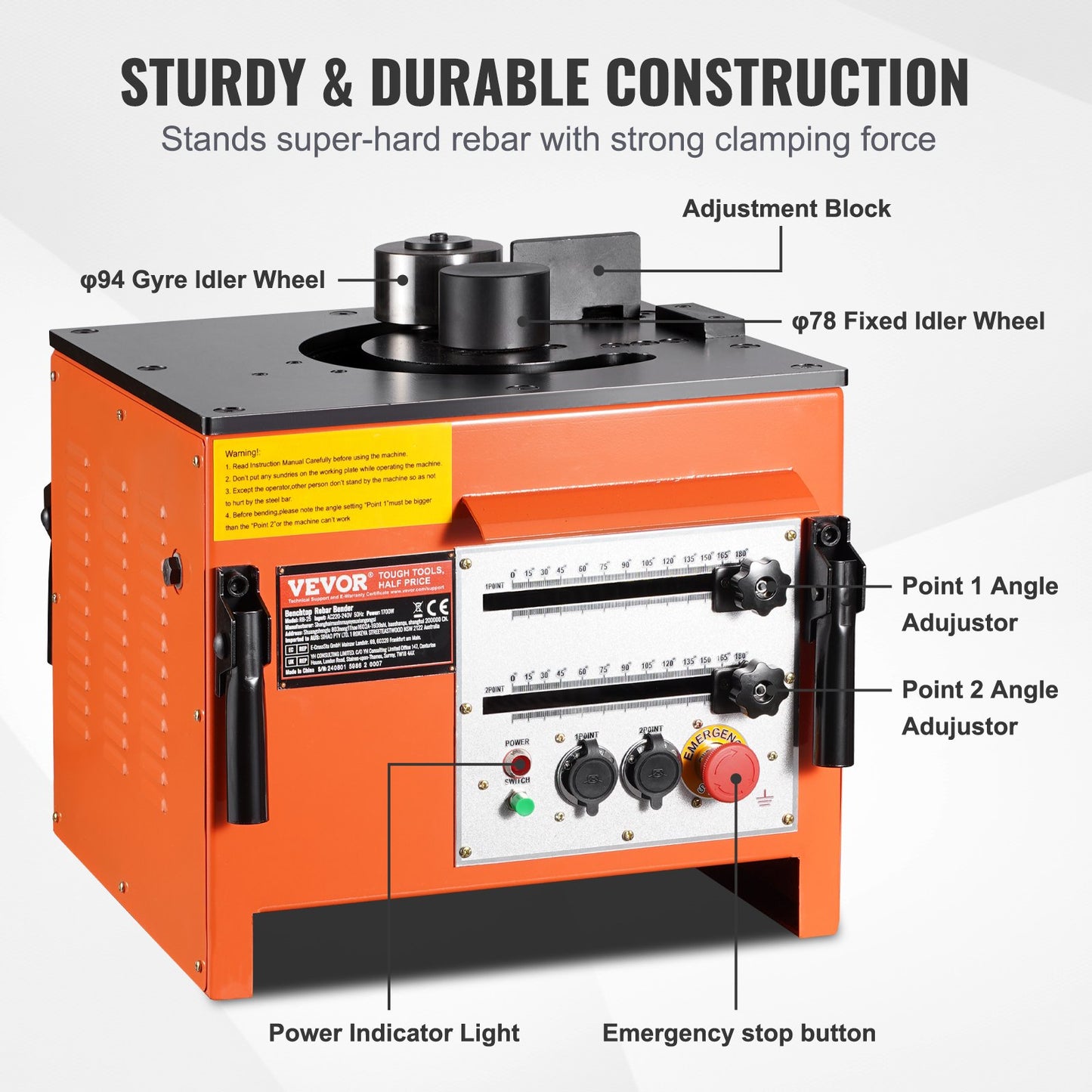 Bänkmonterad elektrisk armeringsbockningsmaskin, 1700W kraftig hydraulisk armeringsbockningsmaskin, 3 bockningsvinklar upp till 1 tum #8 (4-25 mm) inom 4 sekunder, högpresterande armeringsbockningsmaskin för stål med omfattande tillbehör, RB-25