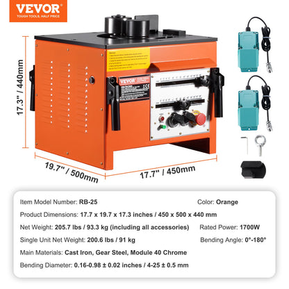 Benchtop Electric Rebar Bender, 1700W Heavy-duty Hydraulic Rebar Bending Machine, 3 Bending Angle up to 1 In #8 (4-25mm) within 4 Seconds, High Power Steel Rebar Bender w/ Rich Accessory,RB-25