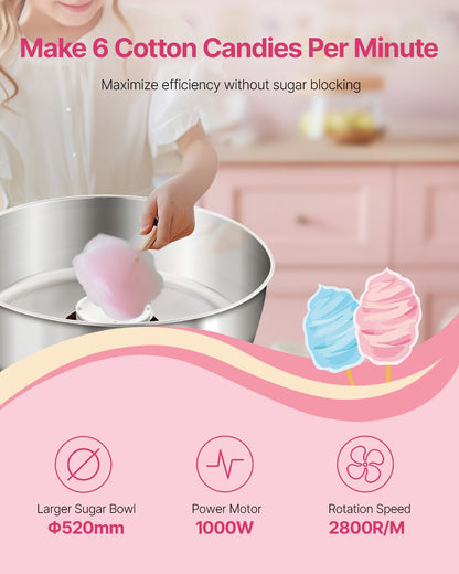 Electric Cotton Candy Machine, 1000W Commercial Candy Floss Maker with 52cm in Stainless Steel Bowl, Sugar Scoop, and Drawer, Easy Home Use, Perfect for Kids Birthday, Family Party, Red