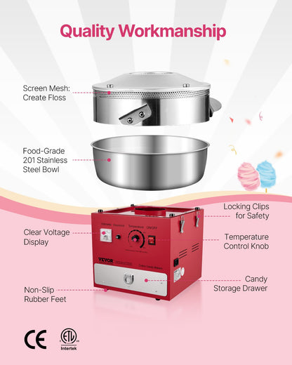 Electric Cotton Candy Machine, 1000W Commercial Candy Floss Maker with 52cm in Stainless Steel Bowl, Sugar Scoop, and Drawer, Easy Home Use, Perfect for Kids Birthday, Family Party, Red