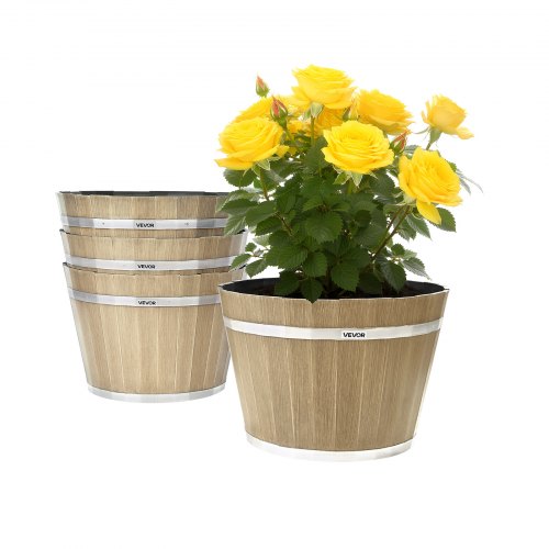 Plant Pots, 4 Pack 300 mm Whiskey Barrel Planters with Drainage Holes, Large Outside Plastic Decoration Flower Pot Imitation Wine Barrel Design for Indoor & Outdoor Garden Home Plants, Brown