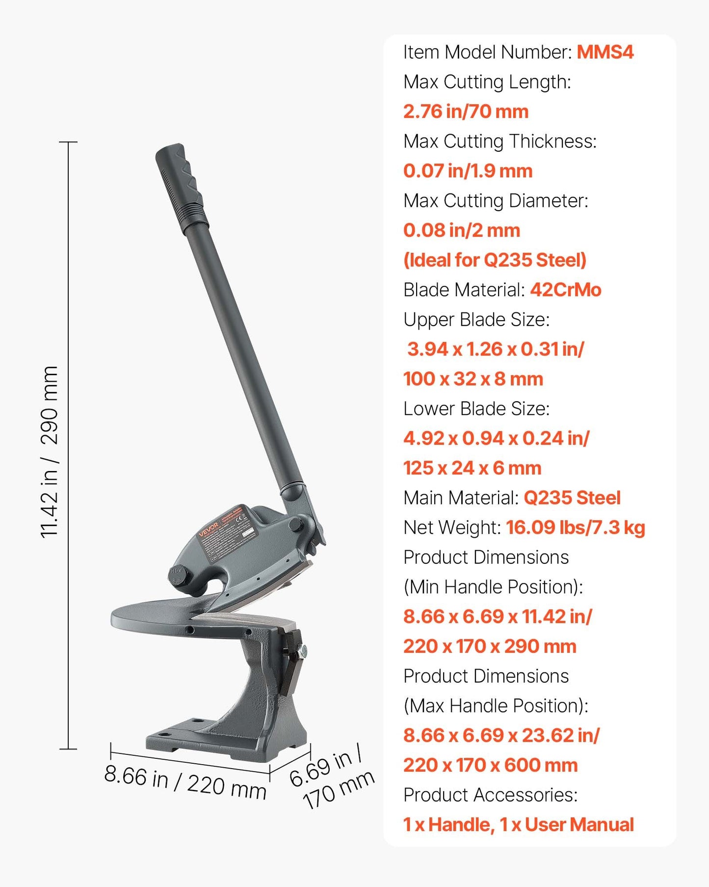 Sheet Metal Shear, Manual Plate Shear, Throatless Benchtop Sheet Cutter for Multiple Purpose, with Solid Steel Frame, Mounting Type, Max Cutting Thickness 1.9 mm for Steel Copper Rebar Aluminum