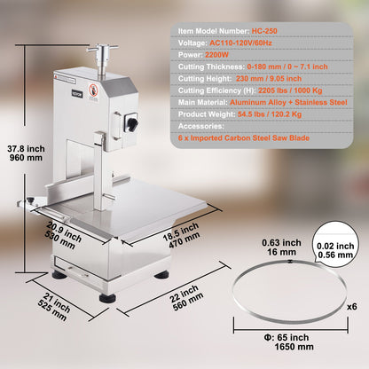 2200W Commercial Electric Meat Bandsaw Stainless Steel Bone Sawing Machine