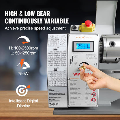 Metal Lathe Machine, 21.1 cm x 75 cm, Precision Benchtop Power Metal Lathe, 0-2500 RPM Continuously Variable Speed, 750W Brushless Motor Metal Gears, with Tool Box for Processing Precision Parts