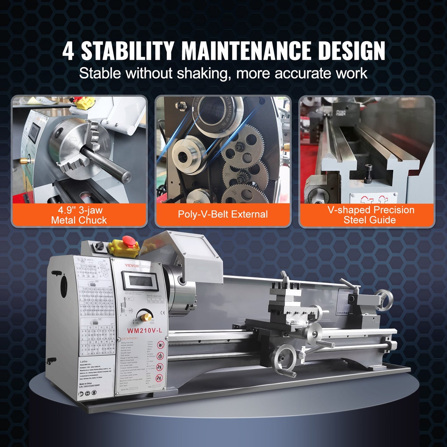 Metal Lathe Machine, 21.1 cm x 75 cm, Precision Benchtop Power Metal Lathe, 0-2500 RPM Continuously Variable Speed, 750W Brushless Motor Metal Gears, with Tool Box for Processing Precision Parts