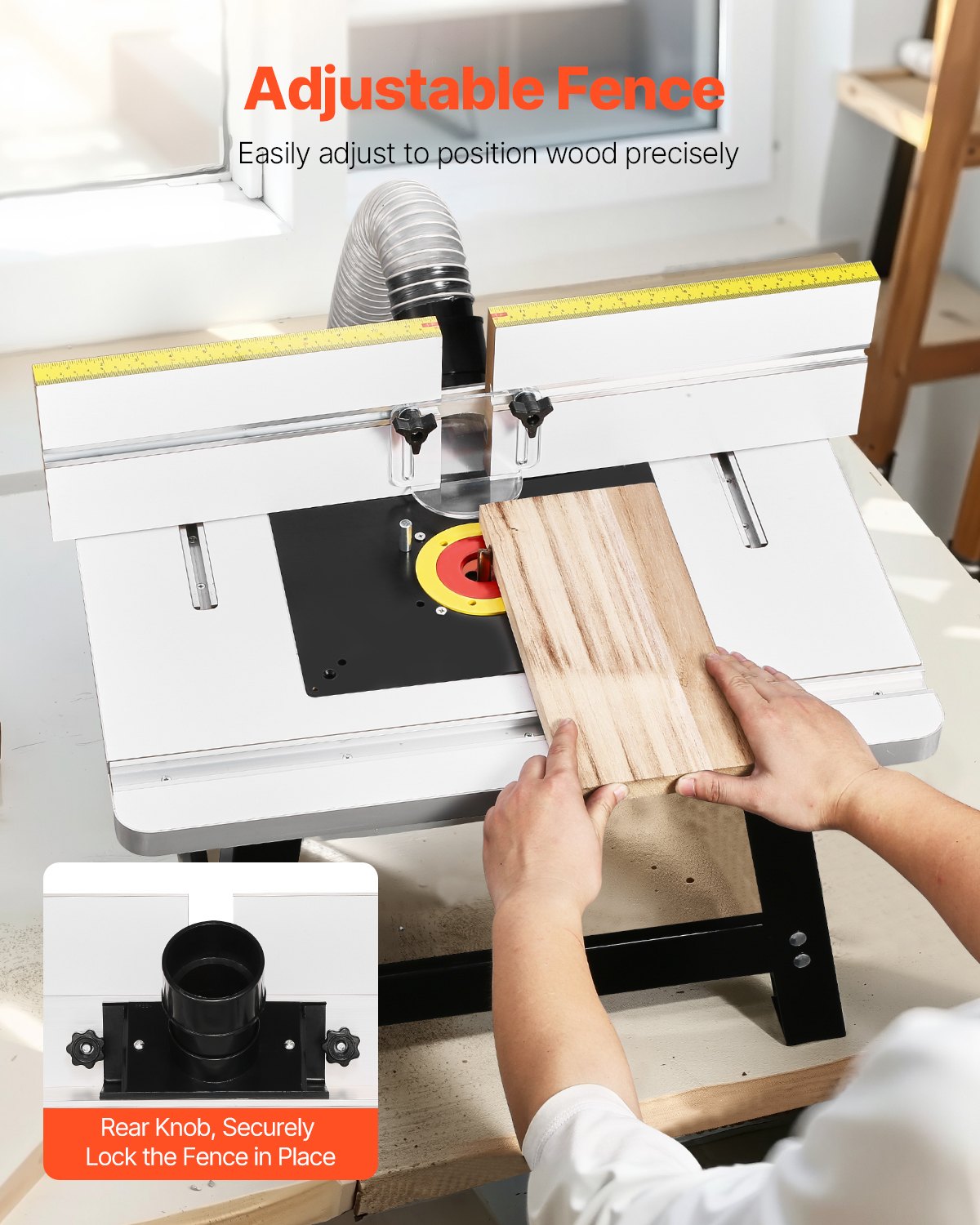 Bordsfräsbord, 610 x 400 mm / 24 tum x 15,7 tum, bordsfräsbord med justerbart staket, MDF-topp, robust metallbas, 2-1/2 tums dammuppsamlingsport, kompatibel med fräsar och olika borrkronor