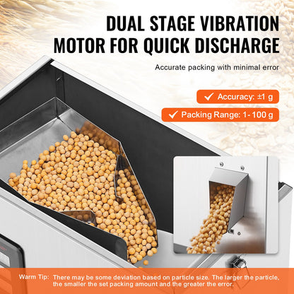 Pulverfyllningsmaskin, 0,002-0,22 lbs/1-100 g, automatisk intelligent partikelvägningsmaskin, flaskpåsepulverfyllningsmaskin partikeldispenser för tefrön, spannmål, pulver, mjöl, bönor, glitter