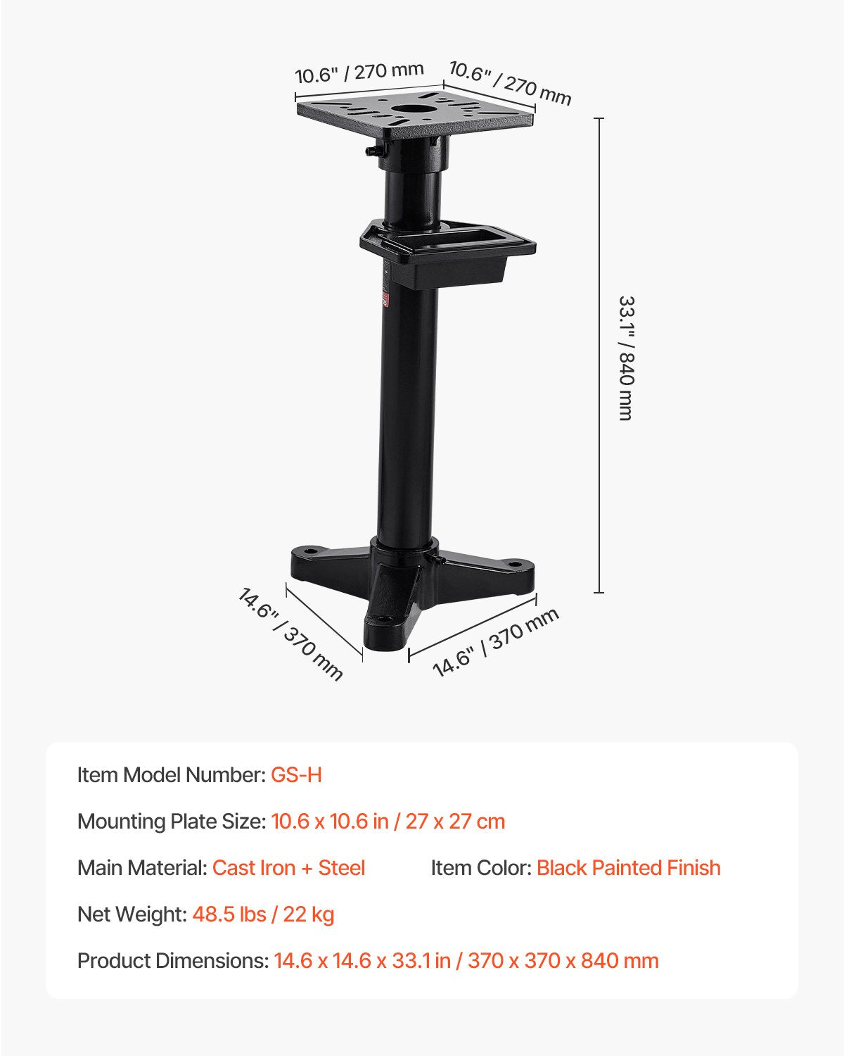 Stativ för bänkslipmaskin, robust golvpiedestal för slipmaskin och skruvstäd med 27 x 27 cm monteringsplatta, förskurna monteringsspår och vattenbehållare, kompatibel med de flesta bänkslipmaskiner