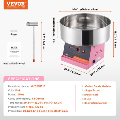 Elektrisk sockervaddsmaskin, 1000W sockervaddsmaskin, kommersiell sockervaddsmaskin med skål i rostfritt stål och sockerskopa, perfekt för barnens födelsedagar, familjefester (rosa)