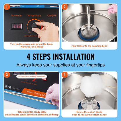 Elektrisk sockervaddsmaskin, 1000W sockervaddsmaskin, kommersiell sockervaddsmaskin med lock, skål i rostfritt stål och sockerskopa, perfekt för barnens födelsedagar, familjefester (blå)