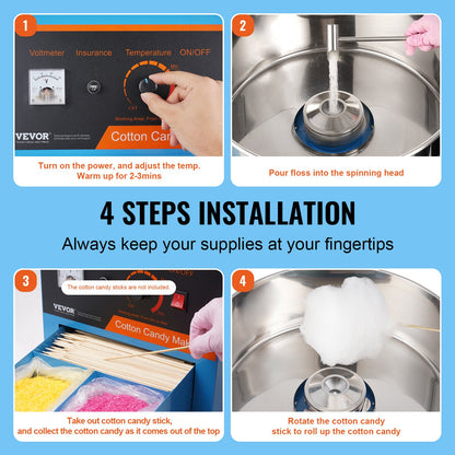 Electric Cotton Candy Machine, 1000W Candy Floss Maker, Commercial Cotton Candy Machine with Cover, Stainless Steel Bowl, Sugar Scoop, Drawer, Perfect for Home Kids Birthday, Family Party, Blue