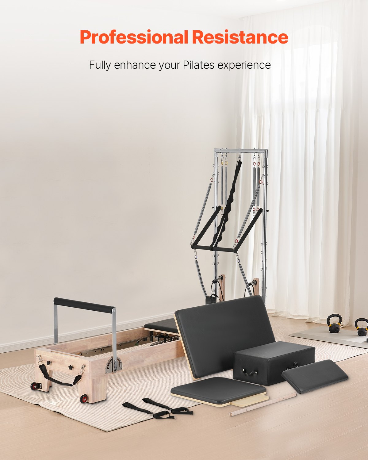 Pilates Reformer, Pilatesmaskin i trä för hemmagym, styrketräningsutrustning med dubbelt motstånd, Reformer Box, hoppbräda, för avancerade användare och nybörjare, upp till 180 kg