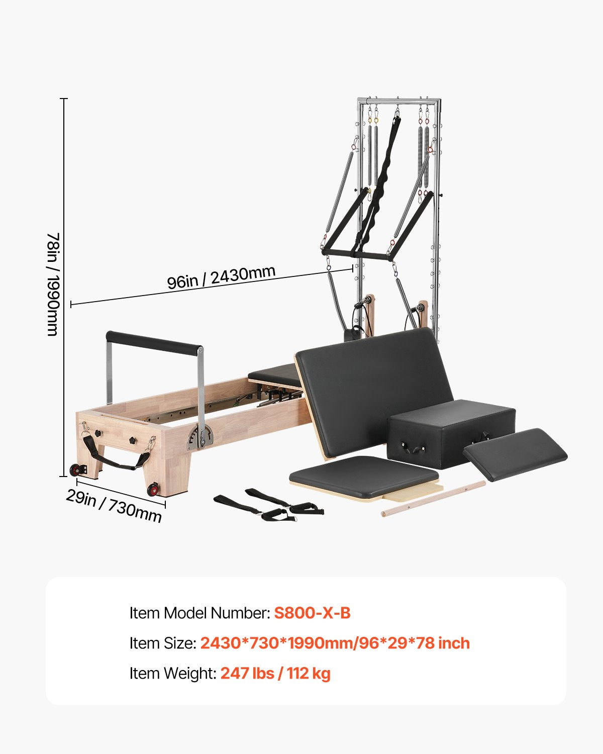 Pilates Reformer, Pilatesmaskin i trä för hemmagym, styrketräningsutrustning med dubbelt motstånd, Reformer Box, hoppbräda, för avancerade användare och nybörjare, upp till 180 kg