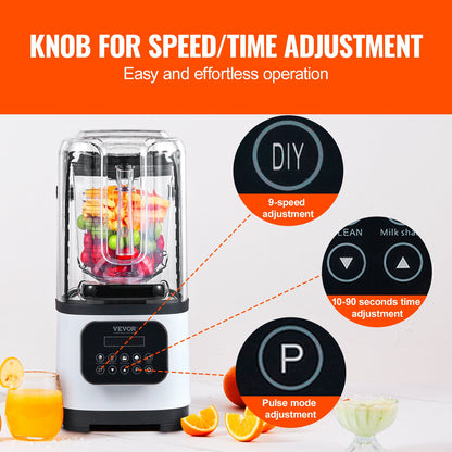 Professional Blender with Shield, Commercial Countertop Blenders, 68 oz Plastic Jar Blender Combo, Stainless Steel 9 Speed & 5 Functions Blender, for Shakes, Smoothies, Peree, and Crush Ice, White