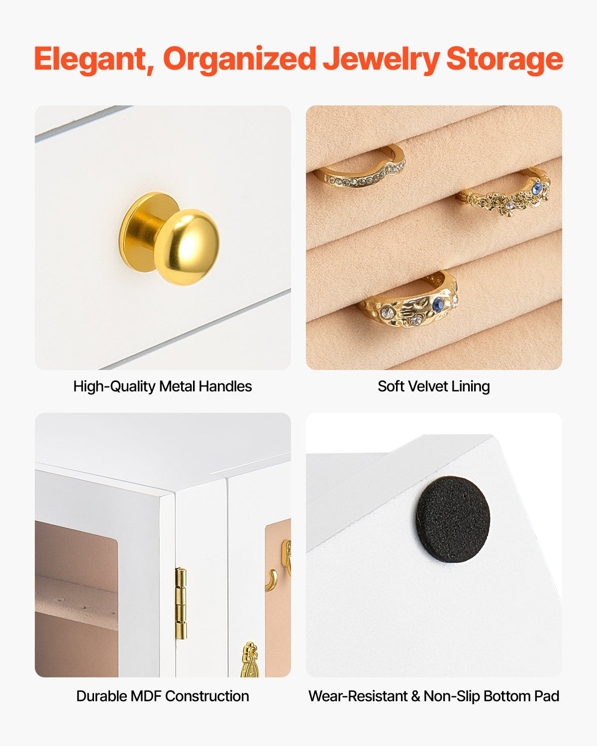 Jewelry Box, 360° Rotating Jewelry Organizer with 5 Drawers, Acrylic Window, 4 Necklace Hooks on Each Side, Spacious Storage Case with Metal Handles, Bottom Pad and Soft Velvet Lining, White