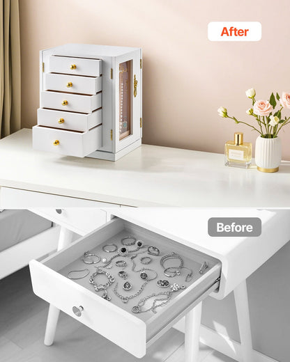 Jewelry Box, 360° Rotating Jewelry Organizer with 5 Drawers, Acrylic Window, 4 Necklace Hooks on Each Side, Spacious Storage Case with Metal Handles, Bottom Pad and Soft Velvet Lining, White