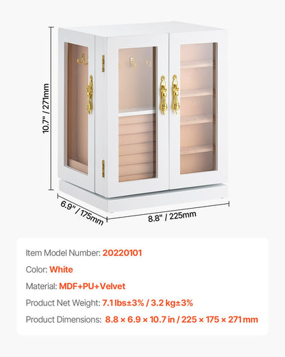 Jewelry Box, 360° Rotating Jewelry Organizer with 5 Drawers, Acrylic Window, 4 Necklace Hooks on Each Side, Spacious Storage Case with Metal Handles, Bottom Pad and Soft Velvet Lining, White