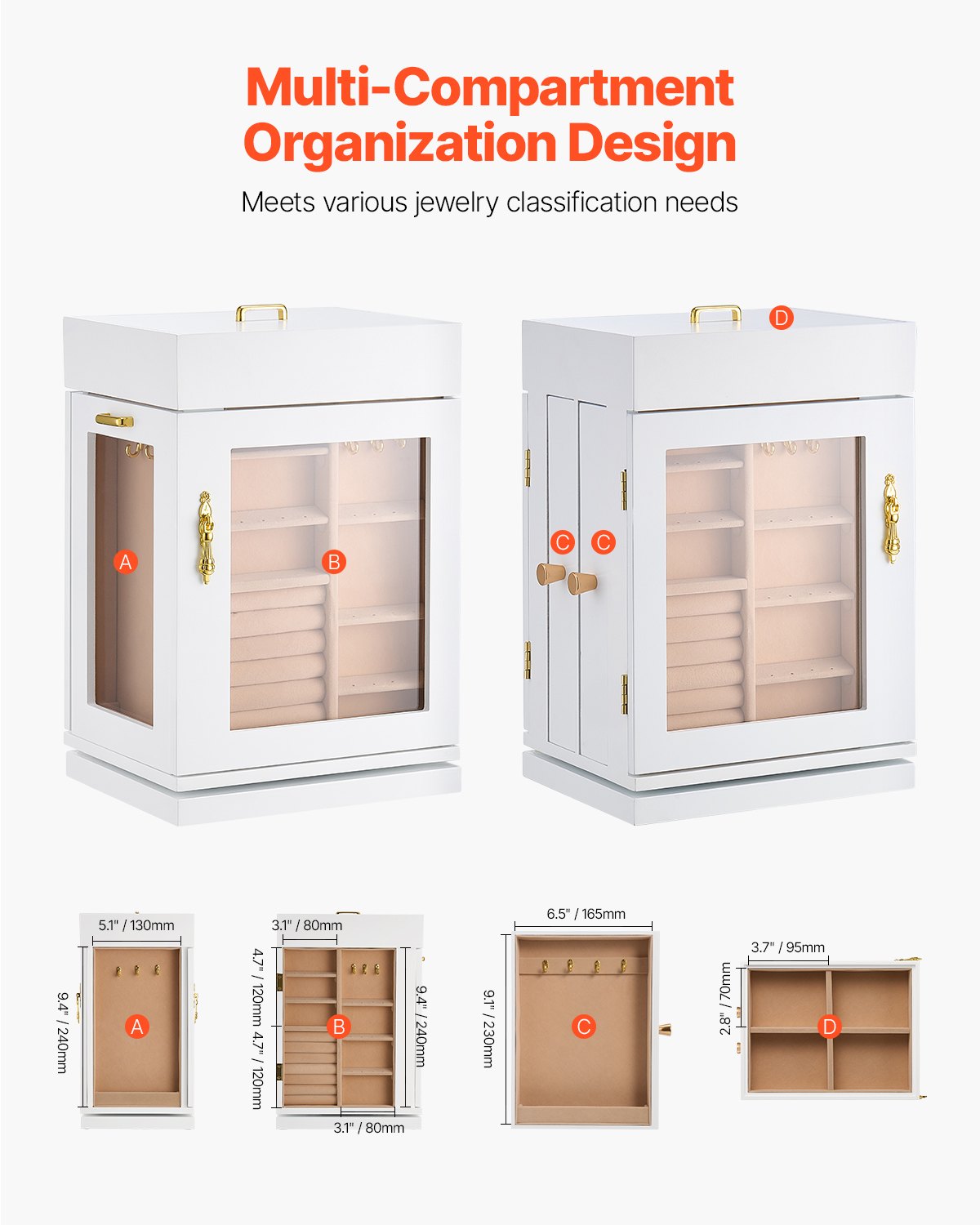 Smyckeskrin, 360° roterande smyckesask med magnetisk dörr, akrylfönster och 4 inbyggda halsbandskrokar, rymligt förvaringsfodral med metallhandtag, bottenplatta och mjukt flanellfoder, vit