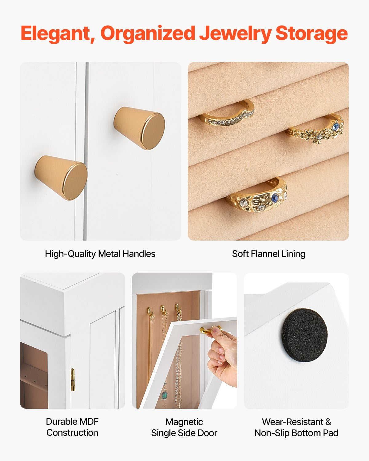 Jewelry Box, 360° Rotating Jewelry Organizer with Magnetic Door, Acrylic Window and Built-in 4 Necklace Hooks, Spacious Storage Case with Metal Handles, Bottom Pad and Soft Flannel Lining, White