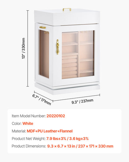 Smyckeskrin, 360° roterande smyckesask med magnetisk dörr, akrylfönster och 4 inbyggda halsbandskrokar, rymligt förvaringsfodral med metallhandtag, bottenplatta och mjukt flanellfoder, vit