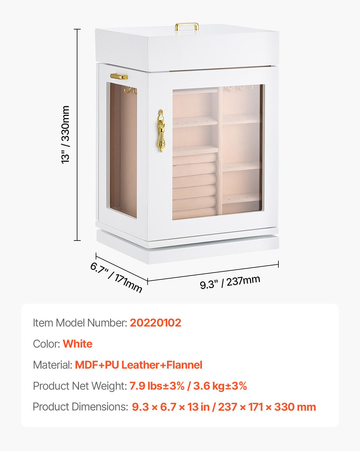 Jewelry Box, 360° Rotating Jewelry Organizer with Magnetic Door, Acrylic Window and Built-in 4 Necklace Hooks, Spacious Storage Case with Metal Handles, Bottom Pad and Soft Flannel Lining, White