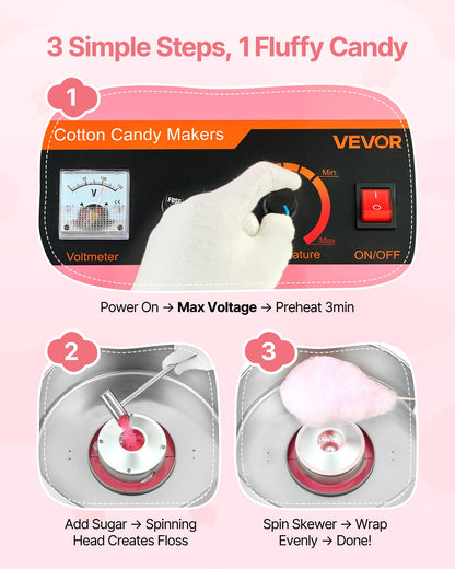 Sockervaddsmaskin för kommersiellt bruk, 1000W elektrisk sockervaddsmaskin, enkel att använda med 38 cm skål i rostfritt stål och sockerskopa, gör hårda godisar för barnfödelsedagar, familjefester, rosa