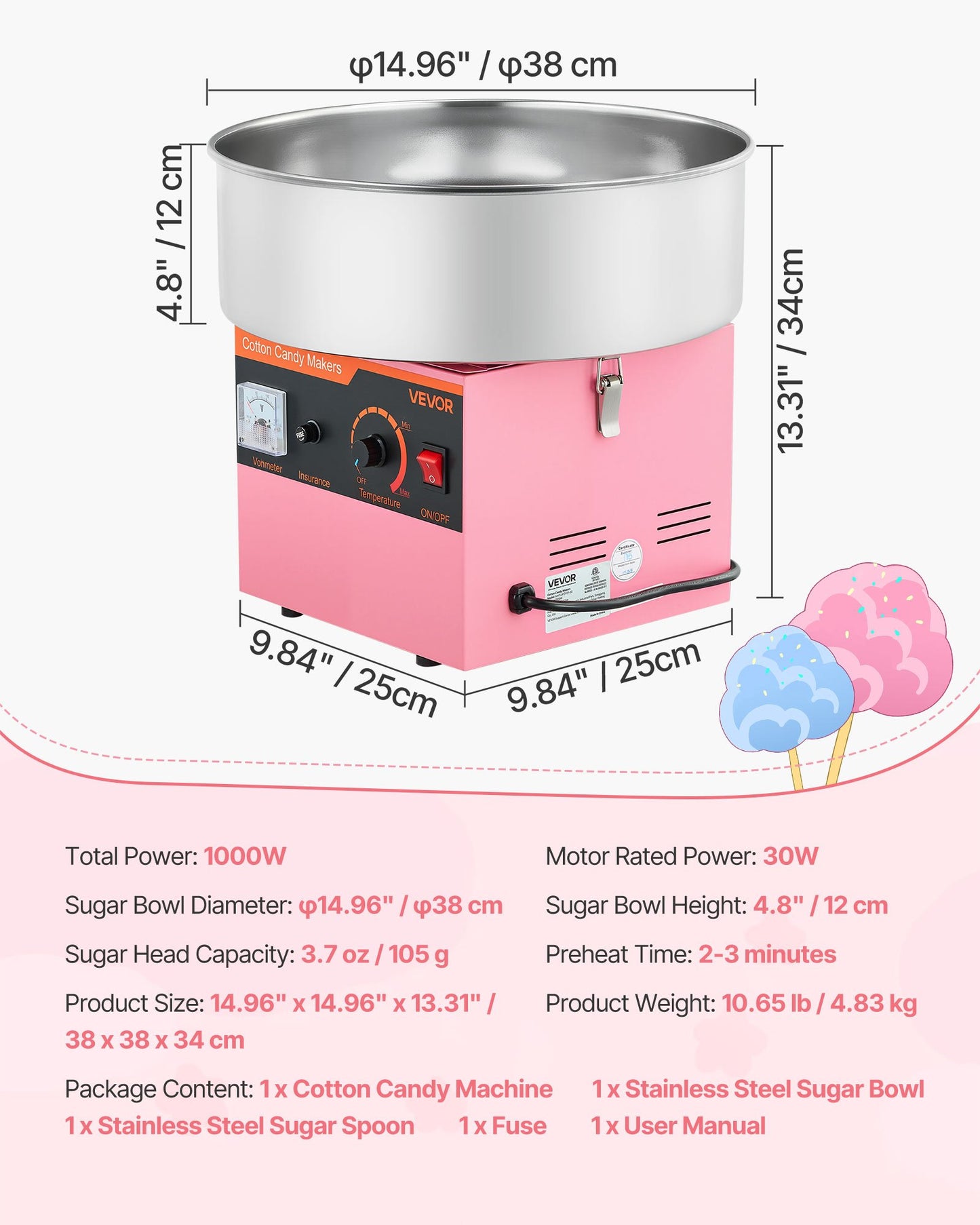 Cotton Candy Machine Commercial, 1000W Electric Candy Floss Maker, Easy Use with 38cm Stainless Steel Bowl and Sugar Scoop, Makes Hard Candy for Home Kids Birthday, Family Party, Pink