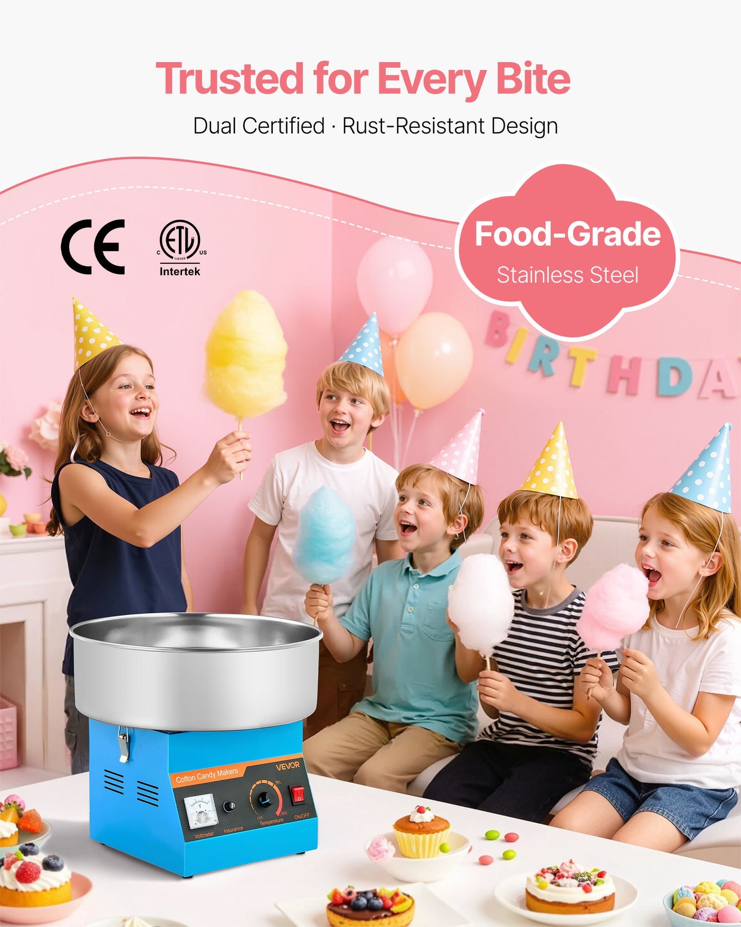 Sockervaddsmaskin för kommersiellt bruk, 1000W elektrisk sockervaddsmaskin, enkel att använda med 38 cm skål i rostfritt stål och sockerskopa, gör hårda godisar för barnfödelsedagar och familjefester, blå