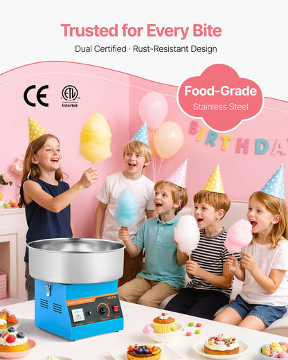 Sockervaddsmaskin för kommersiellt bruk, 1000W elektrisk sockervaddsmaskin, enkel att använda med 38 cm skål i rostfritt stål och sockerskopa, gör hårda godisar för barnfödelsedagar och familjefester, blå