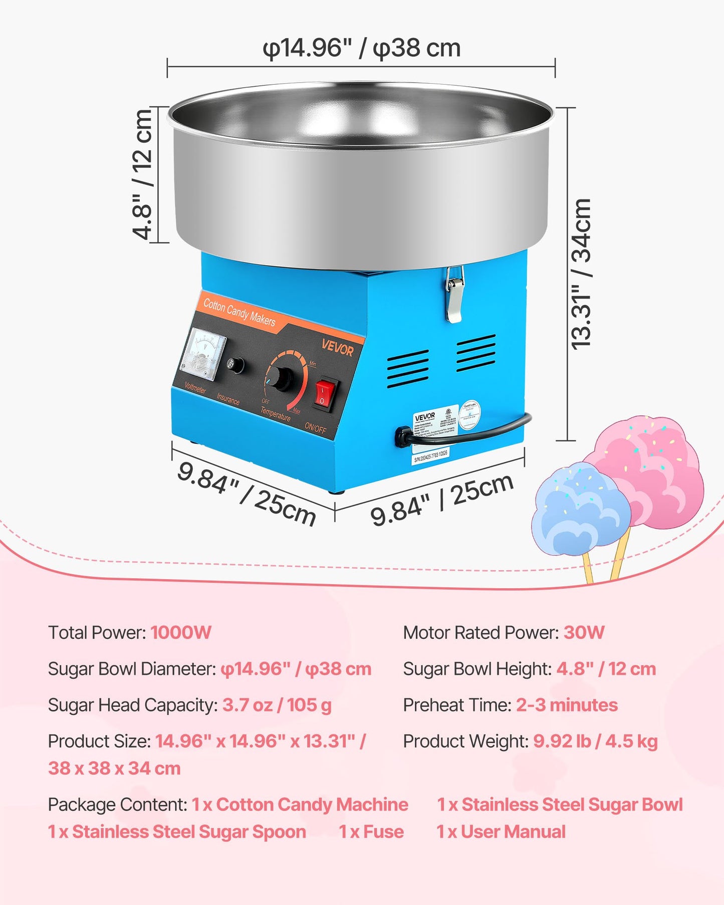 Sockervaddsmaskin för kommersiellt bruk, 1000W elektrisk sockervaddsmaskin, enkel att använda med 38 cm skål i rostfritt stål och sockerskopa, gör hårda godisar för barnfödelsedagar och familjefester, blå