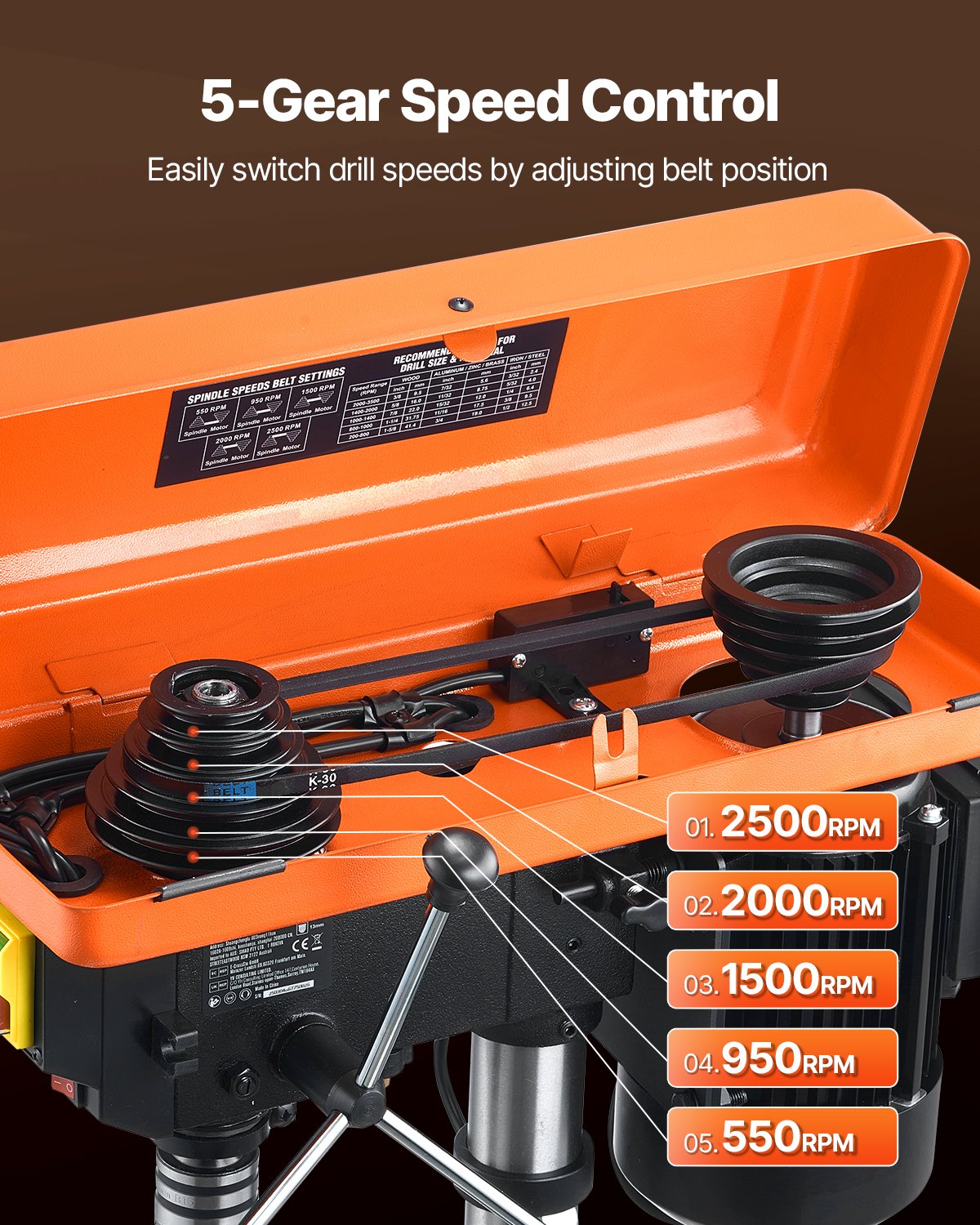 254 mm bänkborrpress, 550 W induktionsmotor, bordsborrmaskin med justerbar hastighet på 550 / 950 / 1500 / 2000 / 2500 varv/min, 0-45° lutbart arbetsbord, röntgenpositionering, för trä och metall