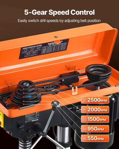 254 mm bänkborrpress, 550 W induktionsmotor, bordsborrmaskin med justerbar hastighet på 550 / 950 / 1500 / 2000 / 2500 varv/min, 0-45° lutbart arbetsbord, röntgenpositionering, för trä och metall