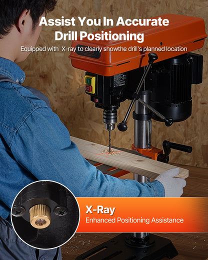 254 mm bänkborrpress, 550 W induktionsmotor, bordsborrmaskin med justerbar hastighet på 550 / 950 / 1500 / 2000 / 2500 varv/min, 0-45° lutbart arbetsbord, röntgenpositionering, för trä och metall