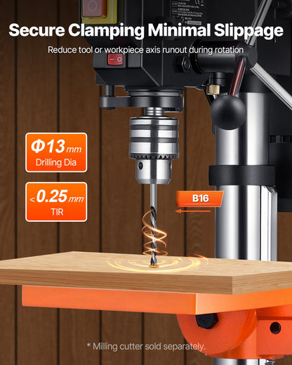254 mm bänkborrpress, 550 W induktionsmotor, bordsborrmaskin med justerbar hastighet på 550 / 950 / 1500 / 2000 / 2500 varv/min, 0-45° lutbart arbetsbord, röntgenpositionering, för trä och metall