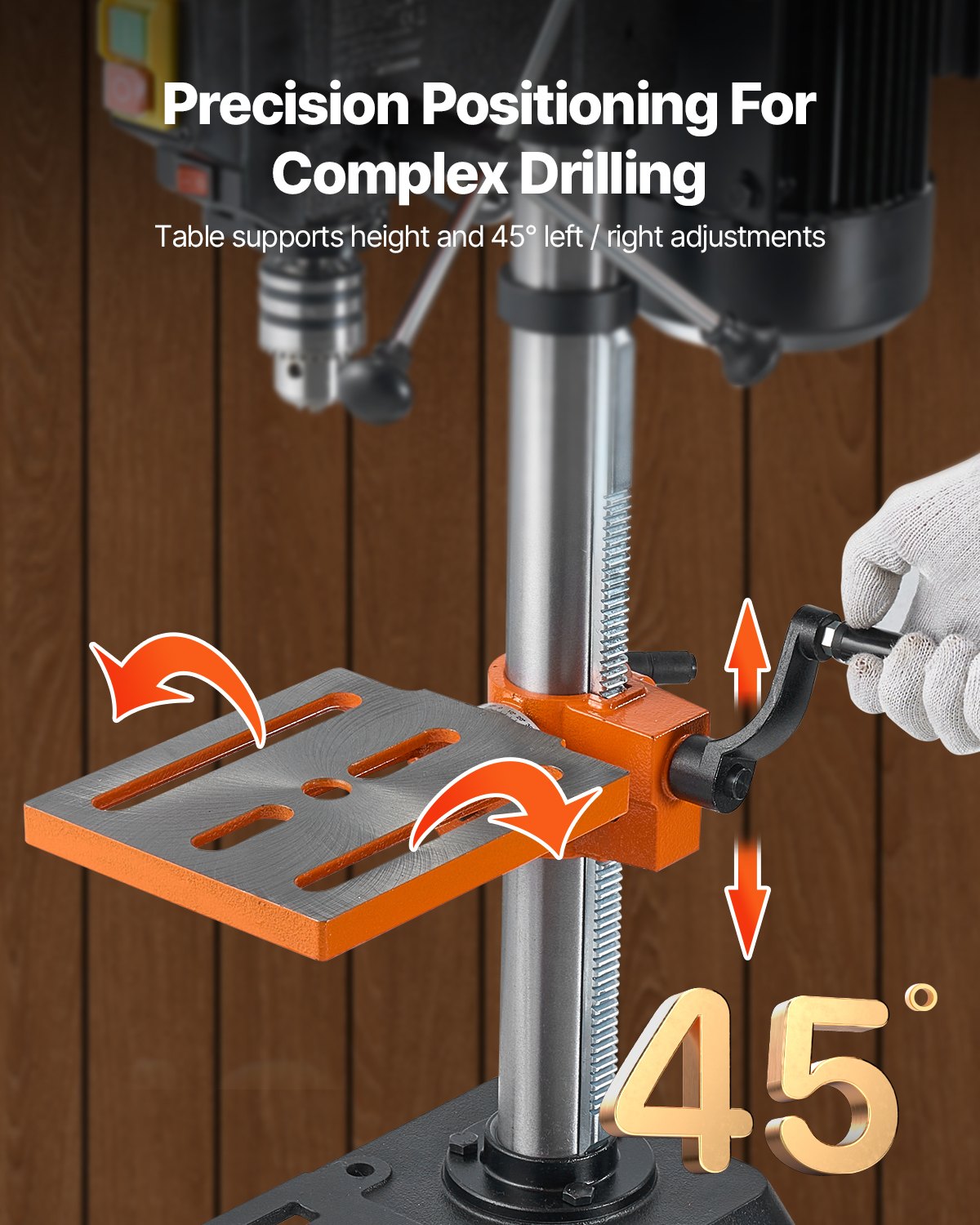 254 mm bänkborrpress, 550 W induktionsmotor, bordsborrmaskin med justerbar hastighet på 550 / 950 / 1500 / 2000 / 2500 varv/min, 0-45° lutbart arbetsbord, röntgenpositionering, för trä och metall