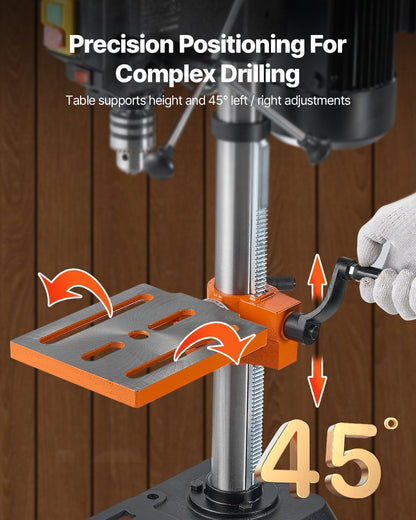 254 mm bänkborrpress, 550 W induktionsmotor, bordsborrmaskin med justerbar hastighet på 550 / 950 / 1500 / 2000 / 2500 varv/min, 0-45° lutbart arbetsbord, röntgenpositionering, för trä och metall