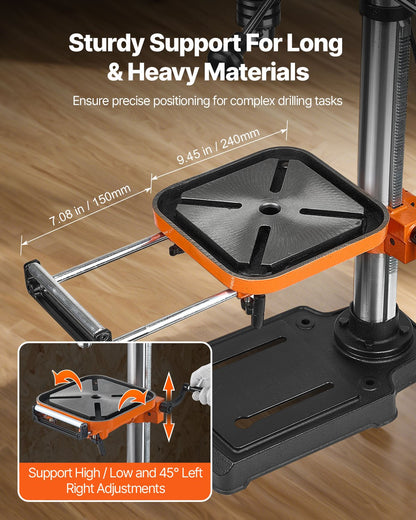 304,8 mm bänkborrpress, 750 W, 340–2200 varv/min bänkborrpress med variabel hastighet, med 0–45° lutbart arbetsbord, LED-arbetslampa, röntgenpositionering, bordsborrmaskin för trä och metall