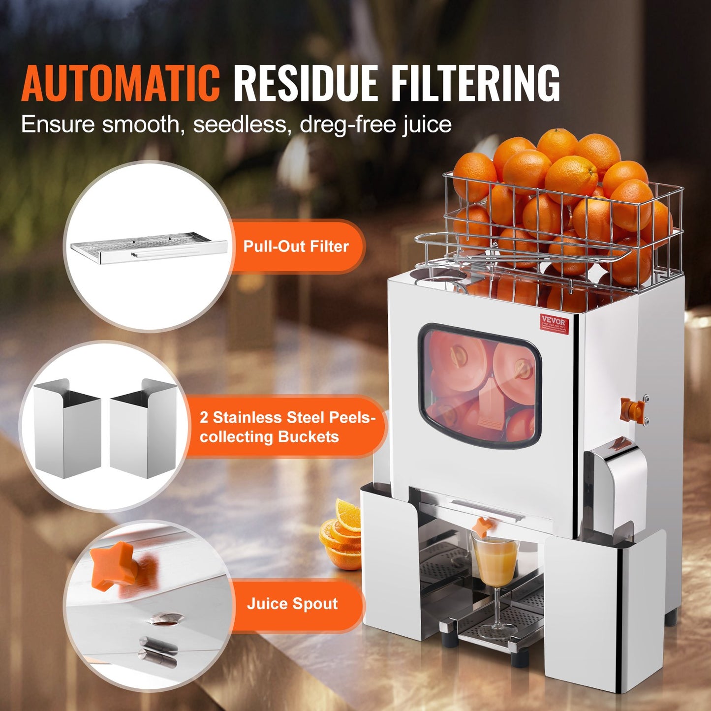 Commercial Orange Juicer Machine, 120W Automatic Juice Extractor, Stainless Steel Orange Squeezer 20 Oranges/Minute, with Pull-Out Filter Box, Stainless Steel Cover, 2 Peel Collecting Buckets