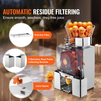 Commercial Orange Juicer Machine, 120W Automatic Feeding Juice Extractor, Stainless Steel Juice Extractor for 25 Oranges Per Minute, with Pull-Out Filter Box, PC Cover, 2 Peel Collecting Buckets