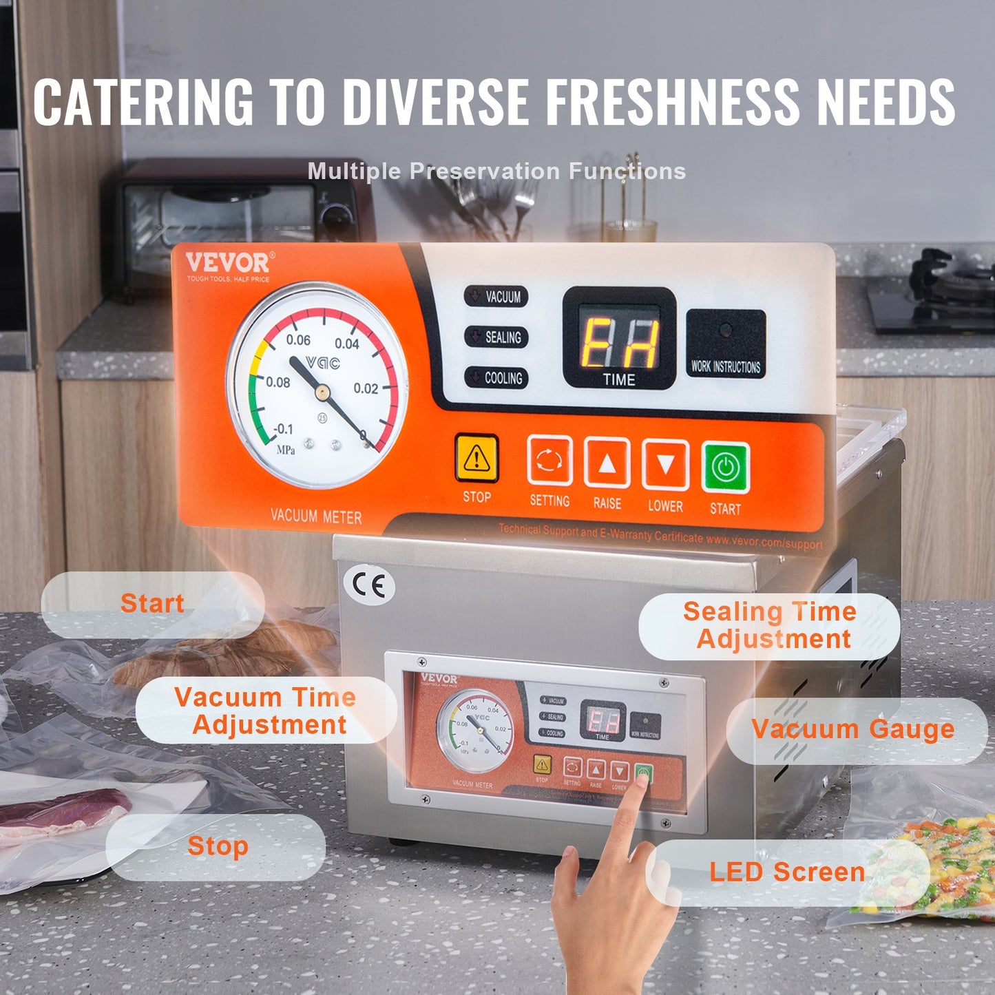 Chamber Vacuum Sealer, 260W Sealing Power, Vacuum Packing Machine for Wet Foods, Meats, Marinades and More, Compact Size with 10.2" Sealing Length, Applied in Home Kitchen and Commercial Use