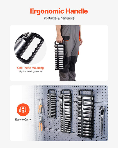 Bärbar hylshållare, 3-delad hylshållaruppsättning (metrisk och SAE), 1/4'', 3/8'' och 1/2'' kraftig hylshållare med handtag och magnetisk bas för verktygslådan, rymmer upp till 76 hylsor