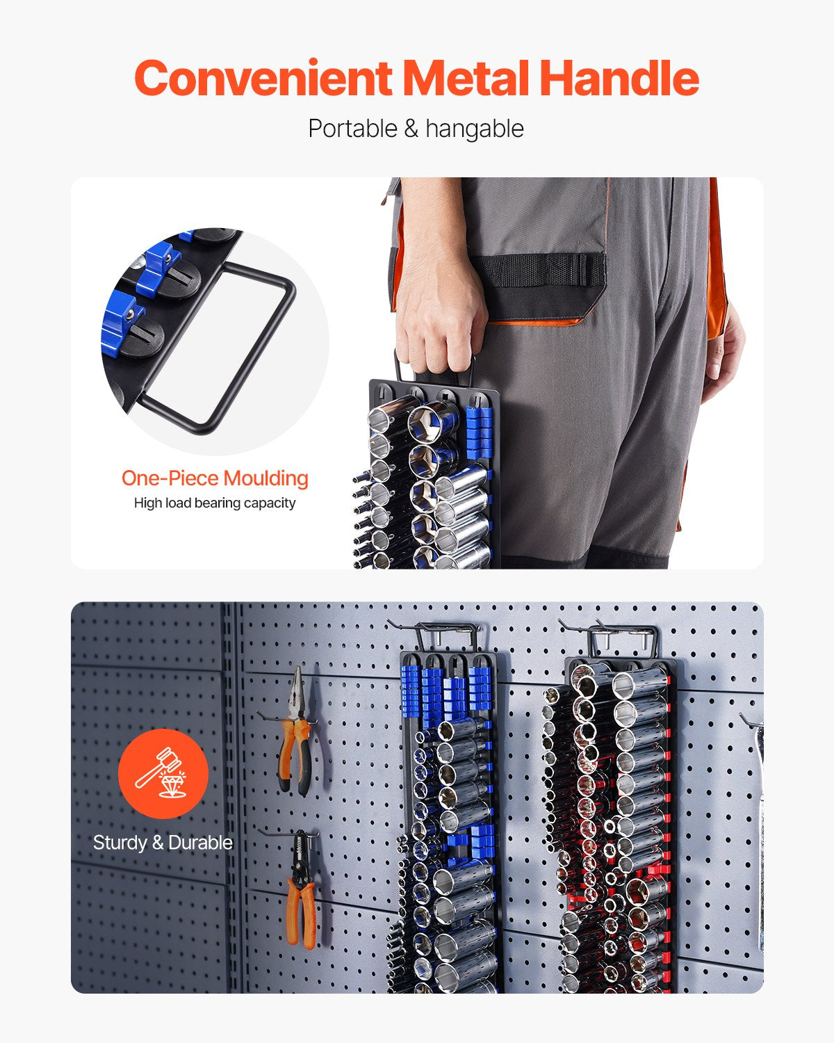 Bärbar hylshylsorganiseringslåda, 2 delar metriska och SAE-hylshylsorganiseringsset för upp till 160 hylsor, 1/4", 3/8" och 1/2" kraftig hylshylsskena med handtag och stålbas för verktygslådan