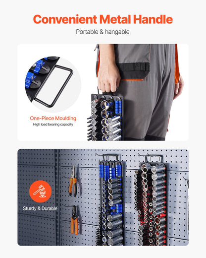 Bärbar hylshylsorganiseringslåda, 2 delar metriska och SAE-hylshylsorganiseringsset för upp till 160 hylsor, 1/4", 3/8" och 1/2" kraftig hylshylsskena med handtag och stålbas för verktygslådan