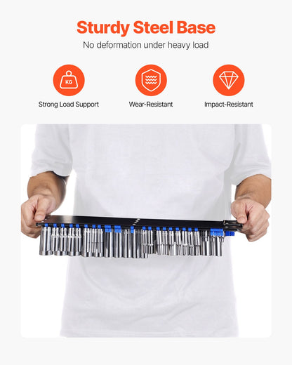 Bärbar hylshylsorganiseringslåda, 2 delar metriska och SAE-hylshylsorganiseringsset för upp till 160 hylsor, 1/4", 3/8" och 1/2" kraftig hylshylsskena med handtag och stålbas för verktygslådan