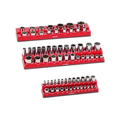 Magnetic Socket Organizer Set, 3PCS Magnetic Socket Holder, 1/4'', 3/8'' & 1/2'' SAE Socket Trays with Clear Labels, Hold up to 68PCS Standard & Deep Sockets, Red (Sockets Not Included)